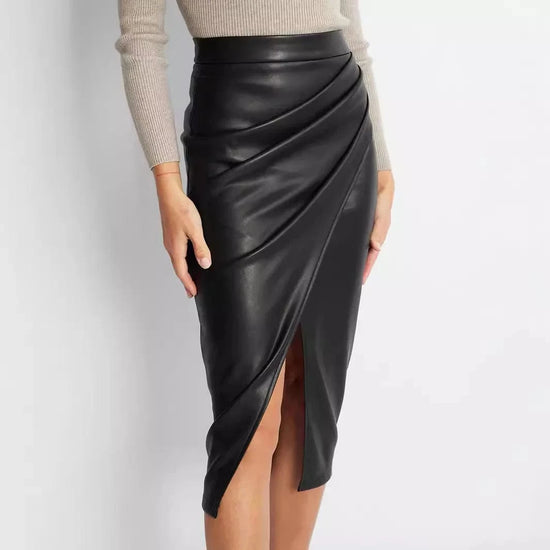 Skirts Women split autumn winter high waist zipper pile pleated leather sexy package hip Women&