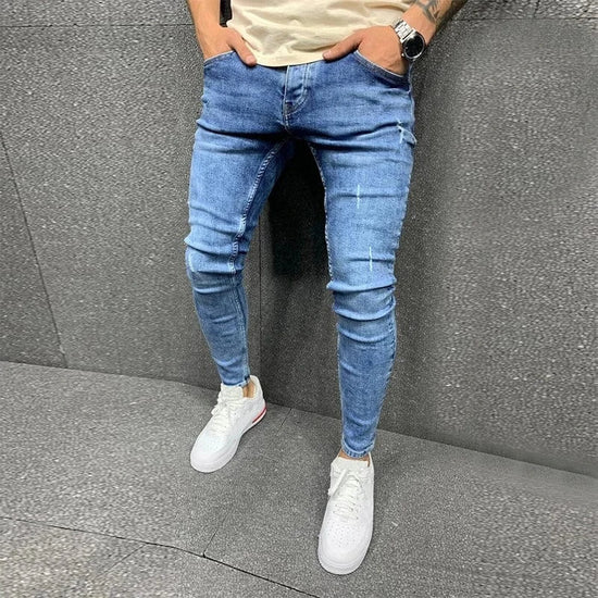 High Street Ripped Jeans Light blue Fashionable Skinny Jeans wash Solid Denim Trouser Mens Casual Slim fit pencil denim Pants