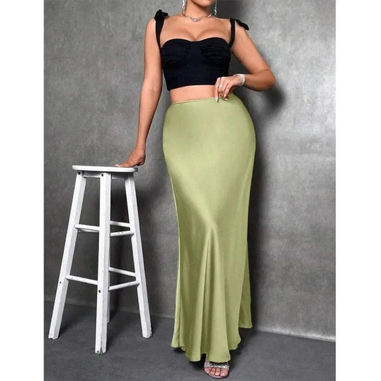 Stained satin skirt 2025 summer new simple imitation silk long skirt women&