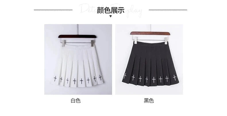 Falda plisada de cintura alta amb brodat creuat i cintura elàstica Harajuku 2024 per a dones, faldilla negra, faldilla plisada