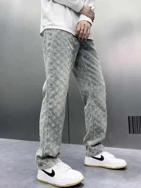 Korean Retro Long Pants High Street Ins Trendy Brand Jacquard Design Jeans Men&