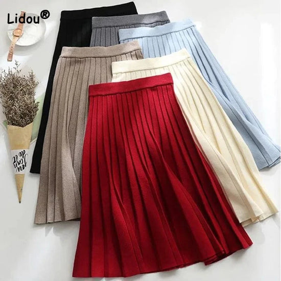 Elegant Fashion Solid Color Knit Pleated Skirt Autumn Winter A-Line Trend All-match Elastic High Waist Skirts Women&