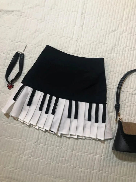 2000s Aesthetic Elegant Women Piano Stripe Design Y2k Slim Mini Piano Skirt Female Black White Spliced Korea Chic Casual Outfits