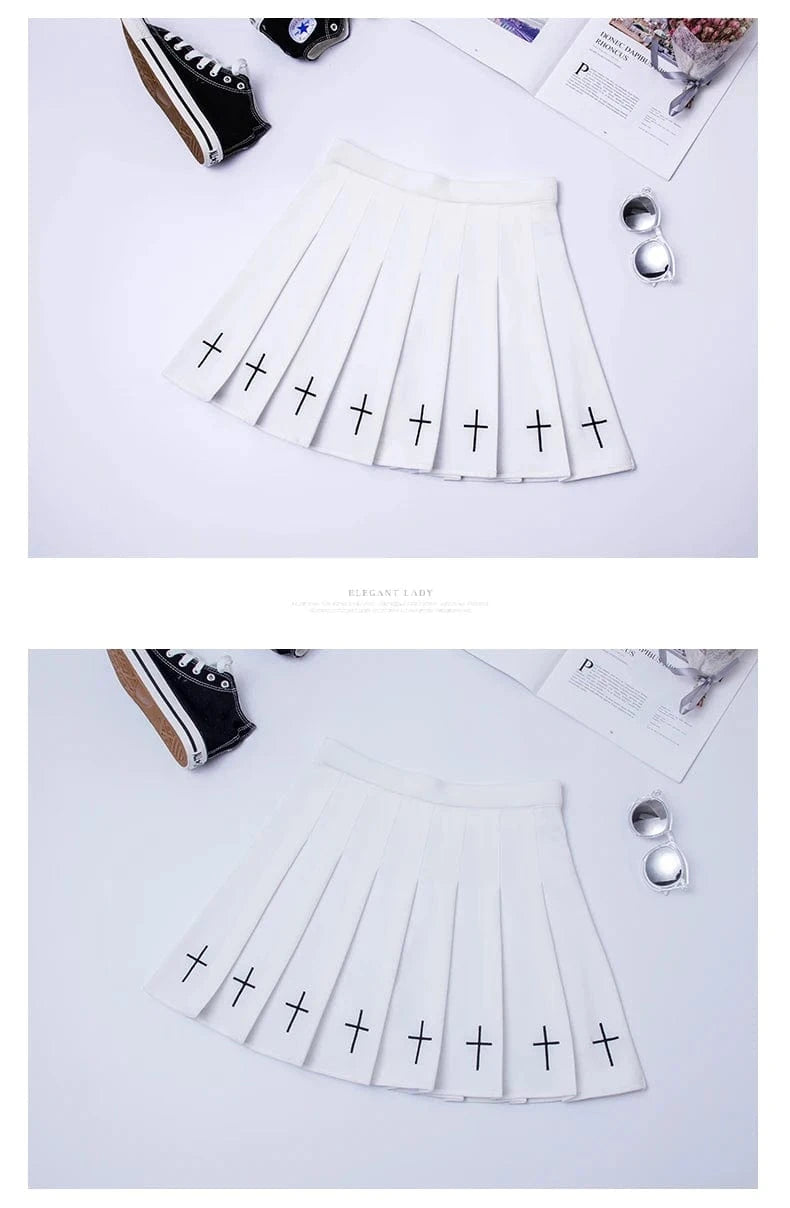 Falda plisada de cintura alta amb brodat creuat i cintura elàstica Harajuku 2024 per a dones, faldilla negra, faldilla plisada