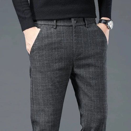 2024 Men New Spring Autumn England Plaid Work Stretch Pants Men Business Fashion Slim Grey Casual Pant Male Brand Trousers 28-38
