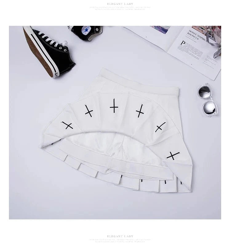 Falda plisada de cintura alta amb brodat creuat i cintura elàstica Harajuku 2024 per a dones, faldilla negra, faldilla plisada